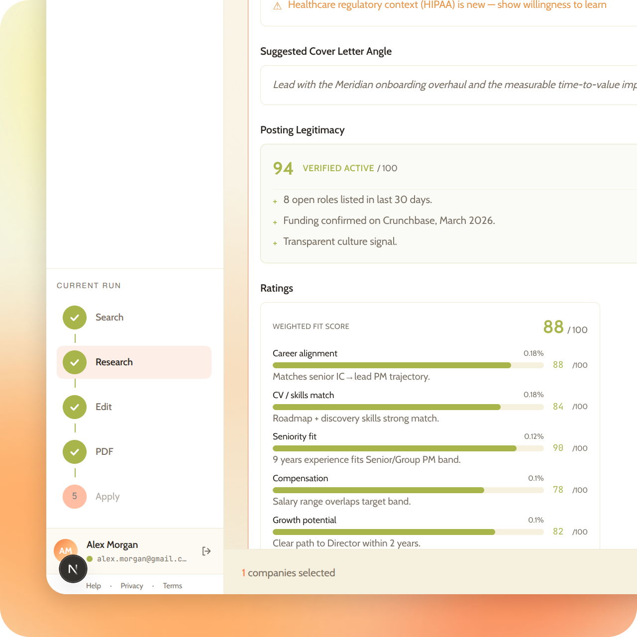 Full Pipeline — employer research and fit score